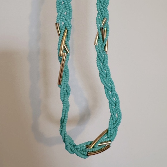Fashion Jewelry Braided Beaded Turquoise Necklace with Gold Accents - Picture 2 of 3